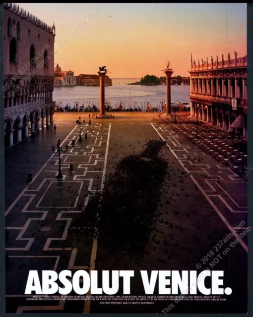 1999 Absolut Venice vodka bottle as flock of pigeons photo vintage print ad