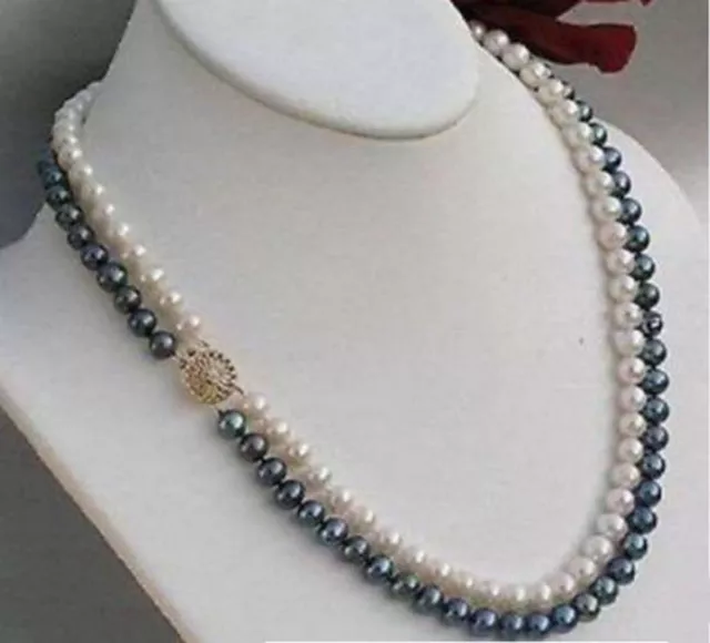 2 Rows 8mm Black White Natural Akoya Cultured Shell Pearl Necklace 17-18'' PN721