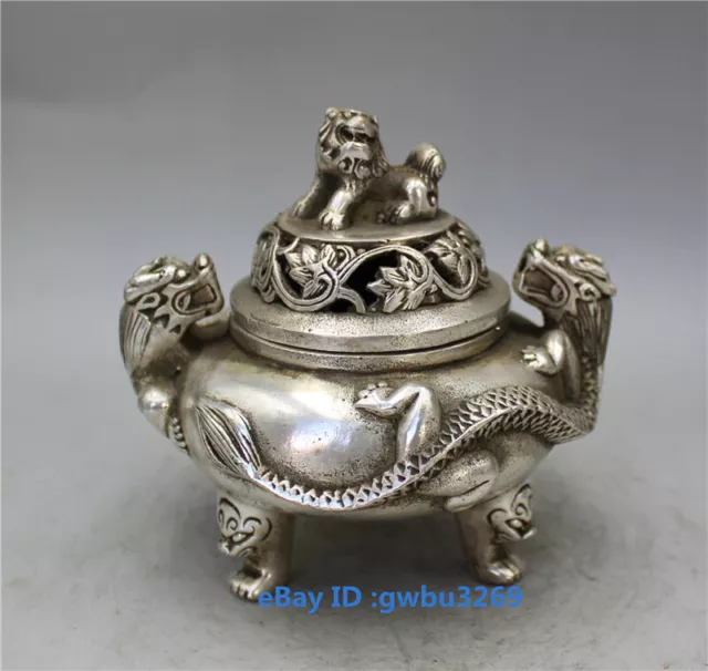 China Old Tibet silver Hand carved Dragon Lion incense burner w Xuande Mark21086