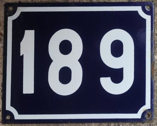 Large old blue French house number 189 door gate plate plaque enamel sign NOS