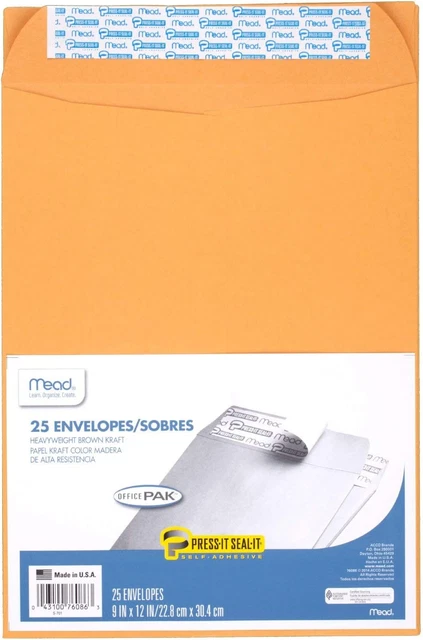 Mead Letter Size Mailing Envelopes, Press-It Seal-It Self Adhesive Closure, All-