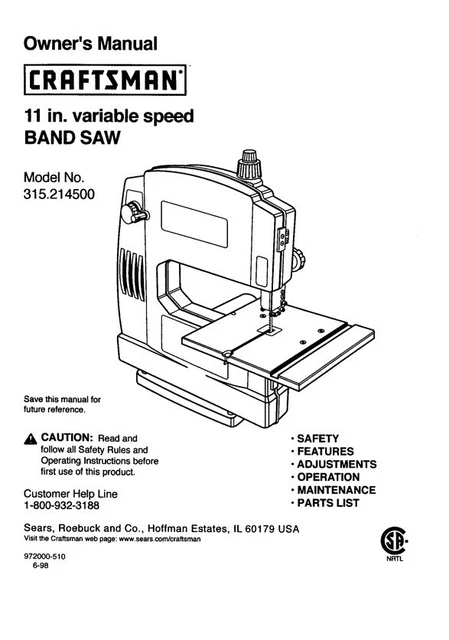 Owner's Manual & Parts List  Sears Craftsman 11" Band Saw - Model 315.214500