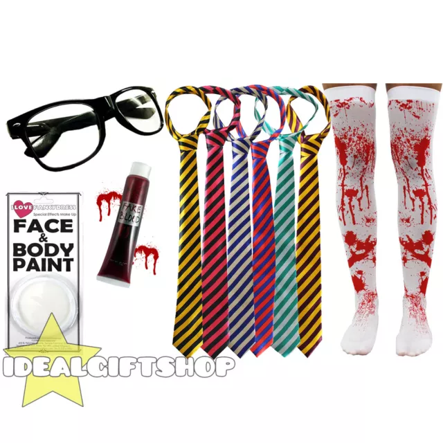 Zombie School Girl Halloween Fancy Dress Tie Glasses Blood Face Paint Stockings