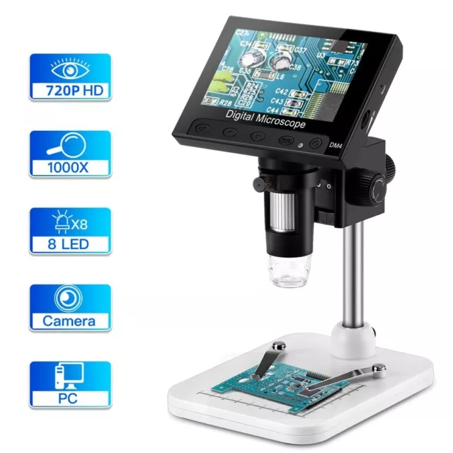 DM4 1000X 720P Digital Microscope 4.3" Screen Adjustable Stand with Clamps