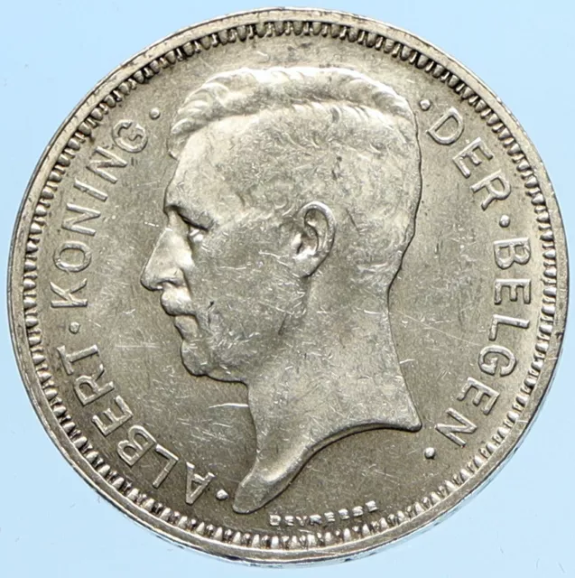 1934 BELGIUM King Albert I Crown Antique Old VINTAGE Silver 20 Franc Coin i97683