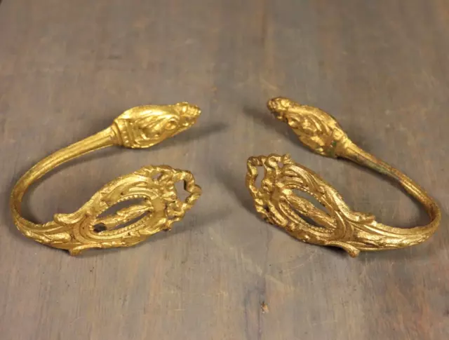 Antique French Gilt Bronze Curtain Tiebacks Wall Hooks PAIR Louis XV Style 1800s 2