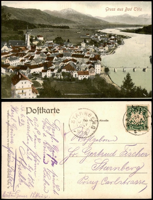 Ansichtskarte Bad Tölz Stadtpartie 1907  gel. Ankunftsstempel Starnberg