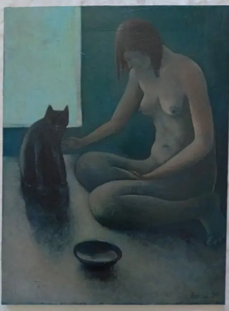 Dipinto Donna con gatto Quadro Olio su tela 59,5x45 cm Firmato 1973