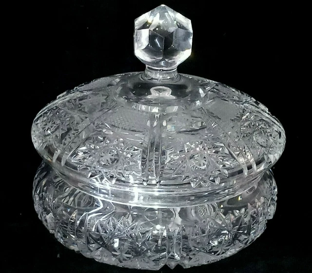 Antique Vtg American Brilliant Period Cut Glass Hawkes? Lidded Candy Dish Bowl