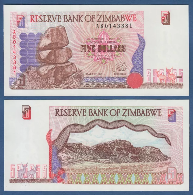 ZIMBABWE 5 Dollars 1997 REPLACEMENT AB  aUNC P. 5 r