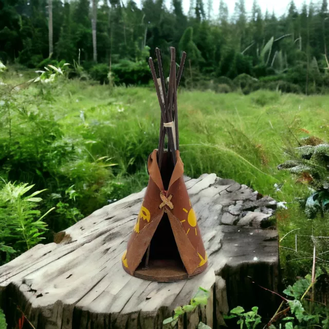 Vintage 1950’s Native American Handmade Wood And Leather Souvenir Teepee  9”