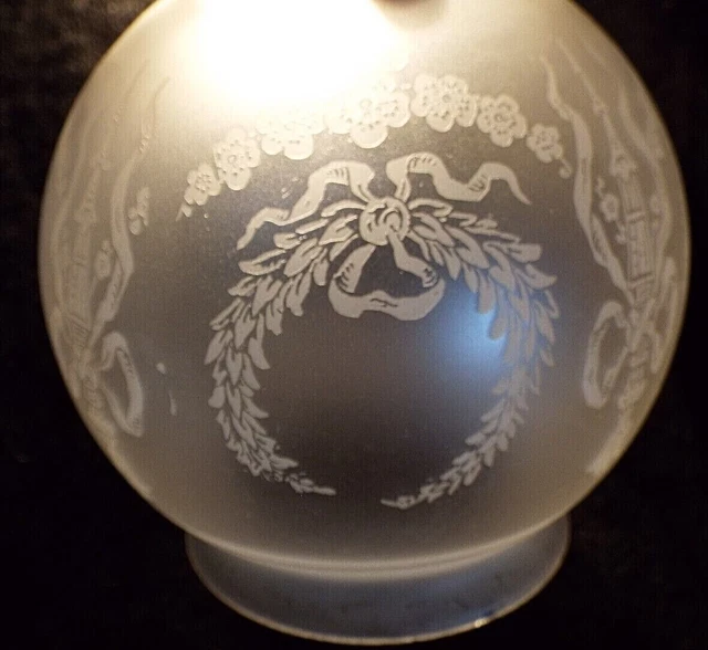 Old Antique GLASS OIL LAMP BANQUET SHADE Mini Ball Frosted FLORAL 3 1/4" Fitter 6