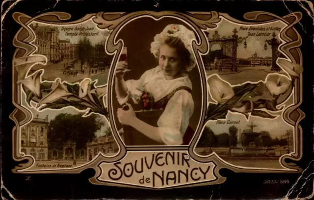 VINTAGE MULTI-VIEW CARTE POSTALE- SOUVENIR de NANCY, FRANCE BK50C