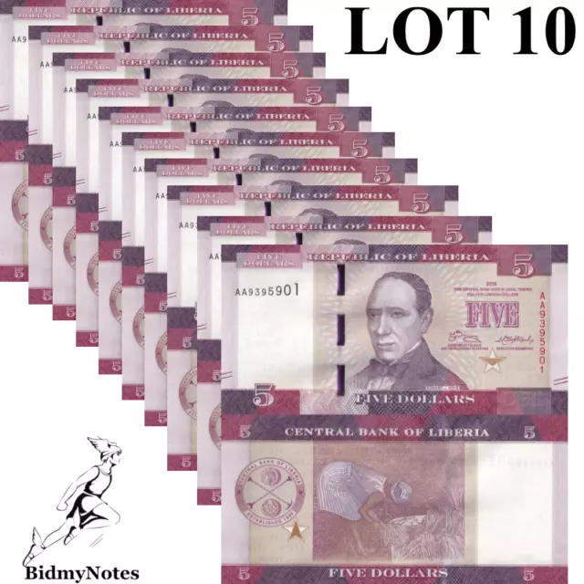 Liberia 5 Dollars 2016 P 31a UNC AA First Prefix 1/10 Bundle LOT 10 pcs