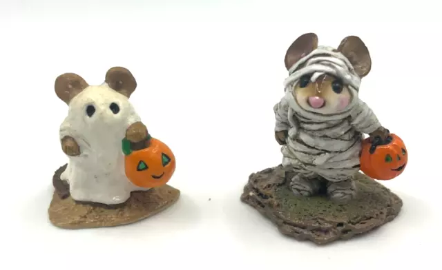 Wee Forest Folk Halloween Ghost Mouse w/Pumpkin-1981 AND The Mummy Mouse (Pair)