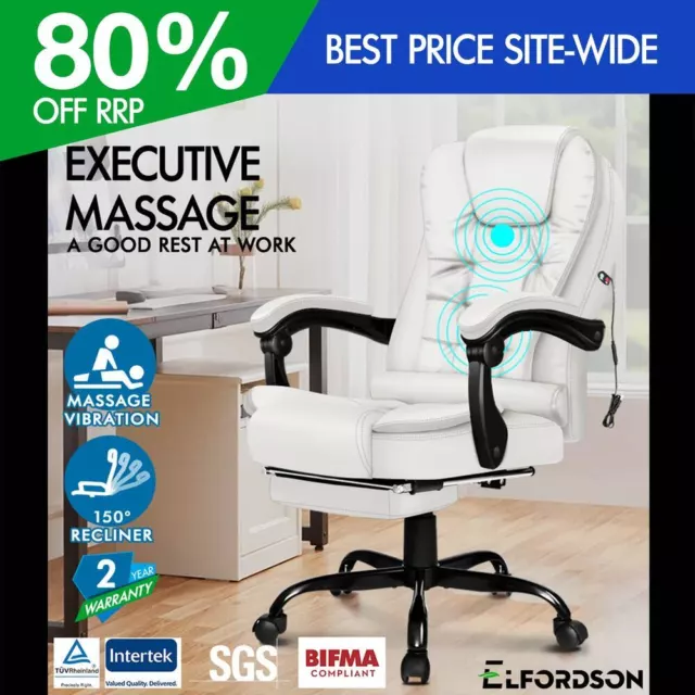 ELFORDSON Massage Office Chair with Footrest Executive Gaming Seat Leather White