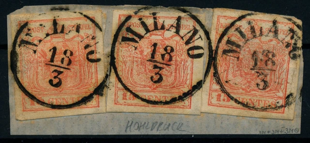 LOMBARDEI-VENETIEN 1850 3*15C auf Briefstück. HOHLDRUCK! MILANO. Schön!