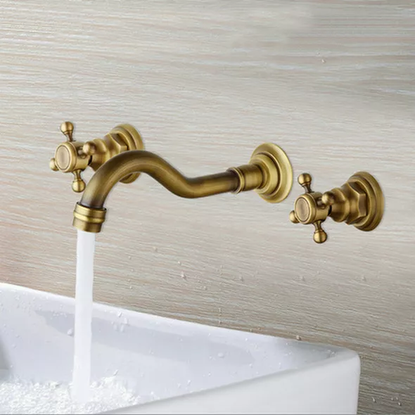 Wall Mount 3PCS Bathroom Basin Antique Brass Sink Tub Faucet 2 Handles Mixer Tap