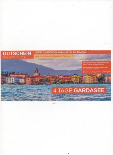 Reisegutschein - 4 Tage Gardasee - Inkl. Flug. ÜF. Wert 398,- €.