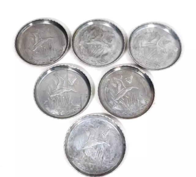 Vintage Set 6 Hammered Aluminum Coasters Flying Duck Geese Cattails 3" Barware