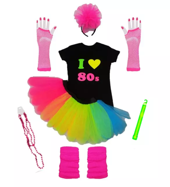 I Love 80S Neon Tutu Skirt Set 80'S Fancy Dress T Shirt Hen Party Leg Warmers Uk