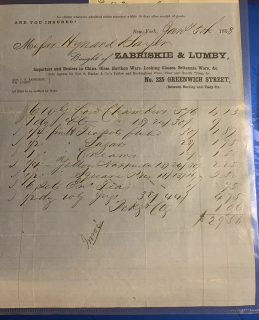 1858 Zabriske & Lumpy Importers Of China/ Glass Greenwhich Street NYC