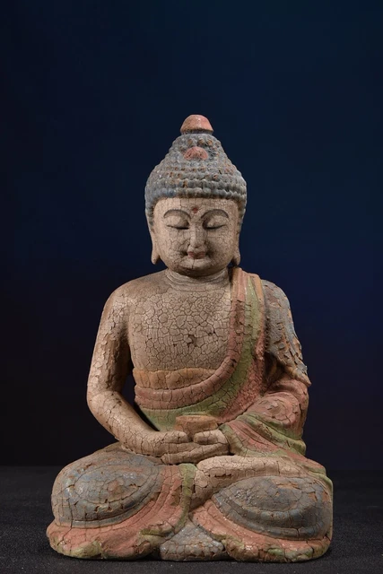 Chinese Old Wood Carving Buddha Statue Carved Sakyamuni Painted Wooden Sculpture