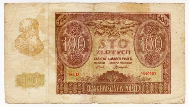 1940 Polen 100 Zlotych 9540467 Papierbanknote Geldwährung