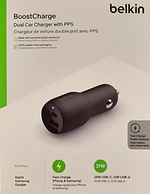 Belkin 37W Dual Port Fast Car Charger, USB Type C 25W PPS Port and USB A 12W