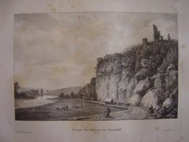 Très belle lithographie des Ruines du Château de BEAUFORT Litho vers 1825