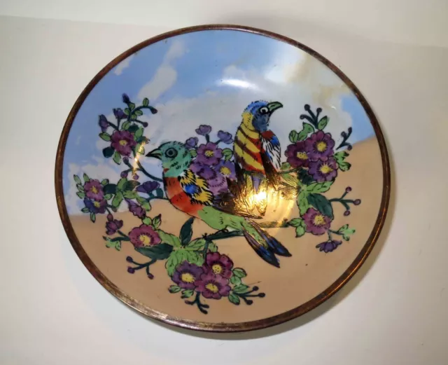 Signed Old Chinese BRONZE & PORCELAIN RICE BOWL - FINCH BIRD FLOWERING TREE
