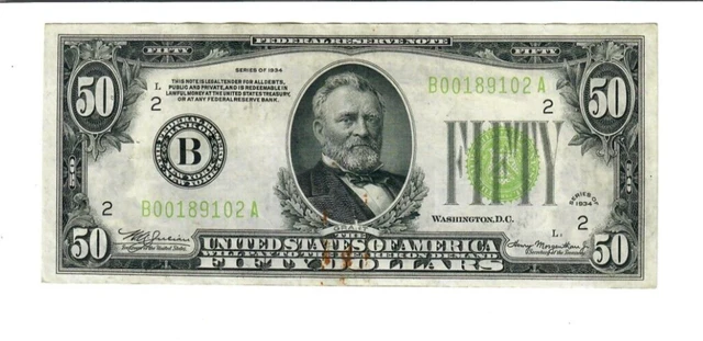 1934 $50 Federal Reserve Note New York LGS VF/XF