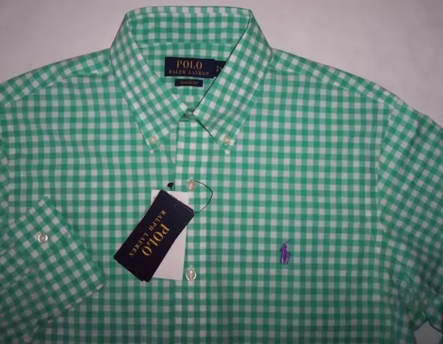 NWT Polo Ralph Lauren GREEN/WHITE GINGHAM Plaid Cotton Shirt Men XL PURPLE Pony