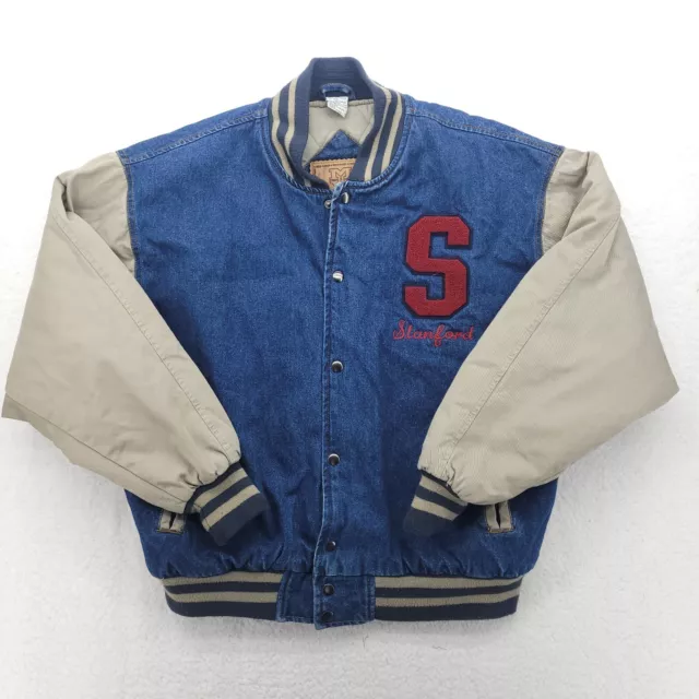 Stanford University Mens Jacket Extra Large Blue Beige Denim Varsity Bomber Coat