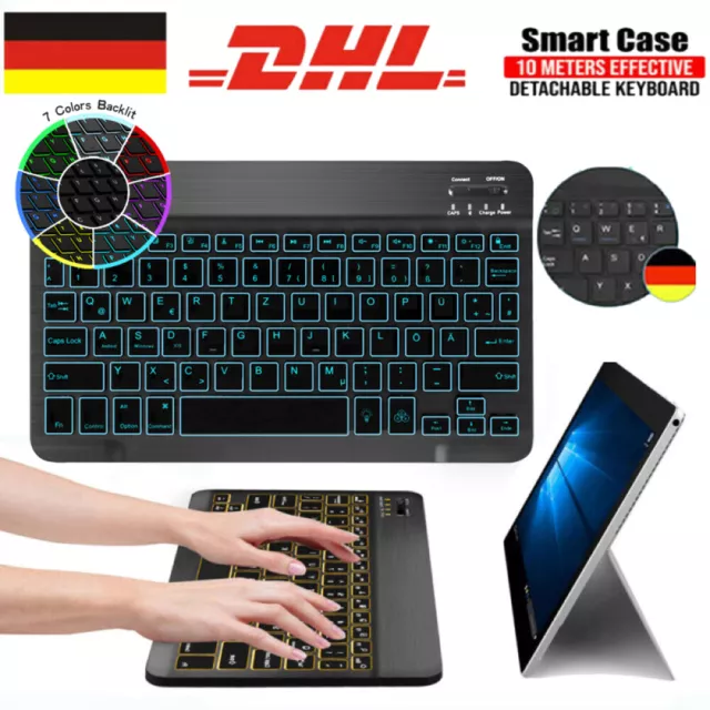 QWERTZ Bluetooth-Tastatur beleuchtet Keyboard für iPad Android & Windows Tablets