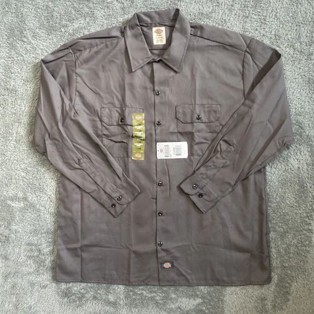 Dickies Mens Flex Button Up Long Sleeve Dark Grey Work Shirt  Size XL  NEW