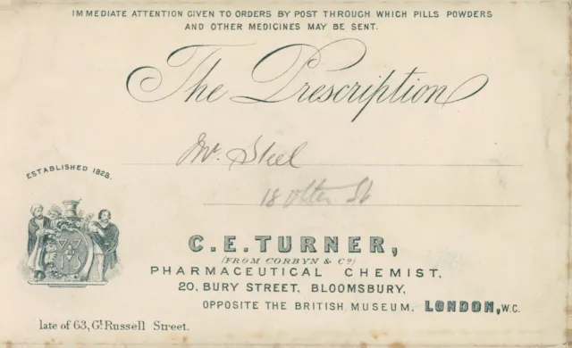 Antique Prescription Envelope C E Turner Chemist Bloomsbury London