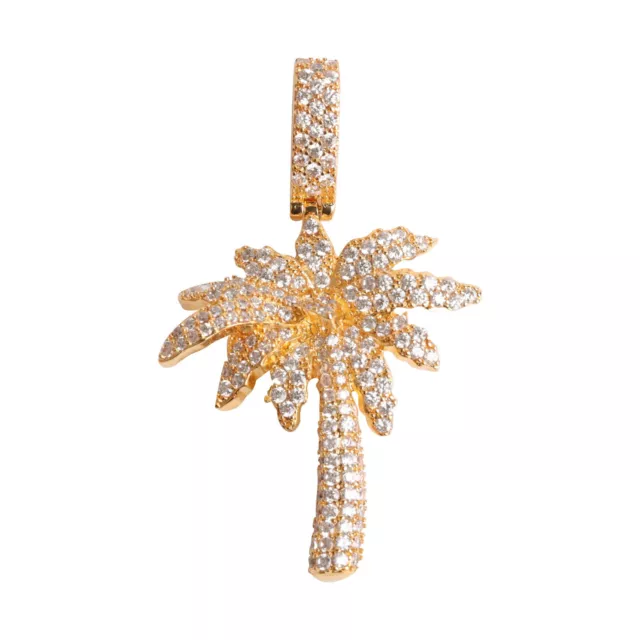 3AAA+ CZ Full Iced Out Hip Hop PALM TREE Pendant Necklace 24k Real Gold Plated