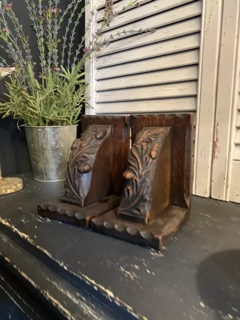 Vintage Carved Wood Oak Acorn Leaves Pair Bookends