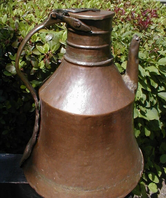 Antique Turkish Persian Copper Hand Hammered 11-1/2" Watering Can Pitcher w Lid