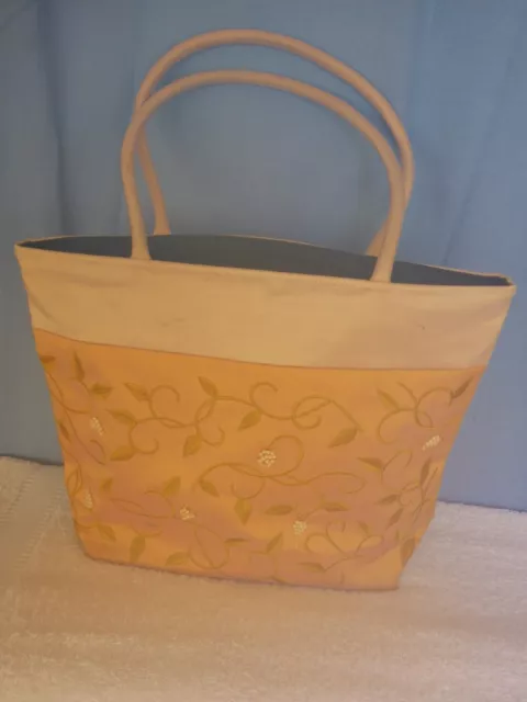 Schicke Seiden-Handtasche, m. floraler Stickerei & Perlen cremefarben, 2 Henkel