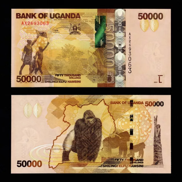 2021 UGANDA 50,000 50000 SHILLINGS P-54e UNC+ +STRIDE MONUMENT KAMPALA GORILLAS