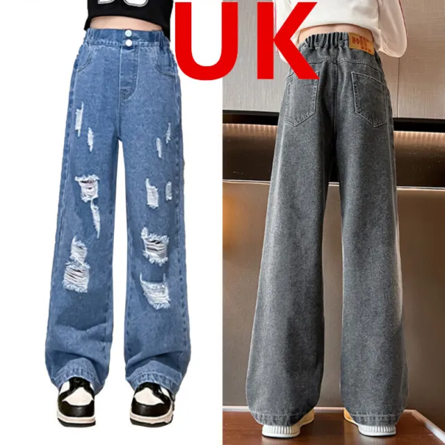 UK Kids Girls Denim Long Pants Vintage Washed Jeans Straight Wide Leg Trousers