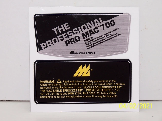thumbnail image 2 of McCulloch Pro Mac 10-10 Chainsaw Decal Set - 2 Piece Breather Cover Decals - Vintage 2 of 3