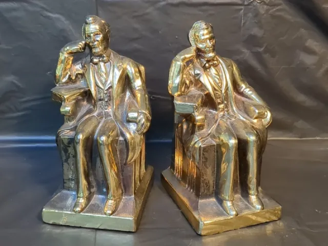 Vintage President Abraham Lincoln Sitting Brass Bronze Bookends Pondering