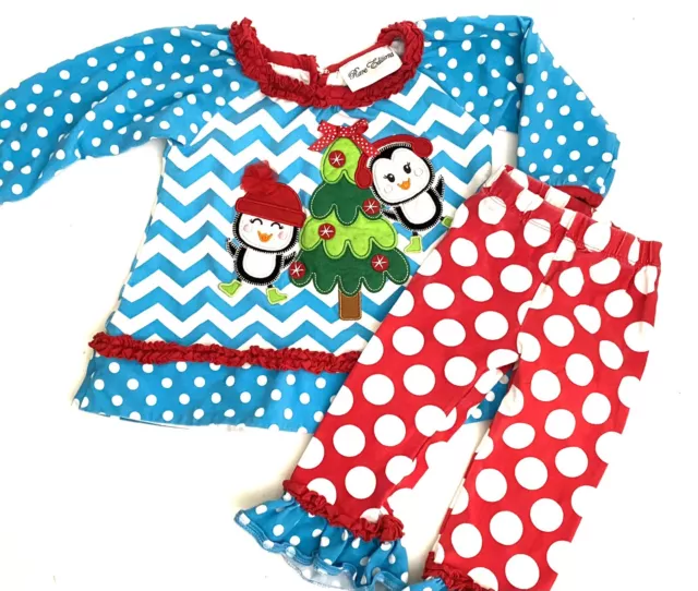 Rare Editions Baby Girl penguin chevron polk a dot 12 months Christmas outfit