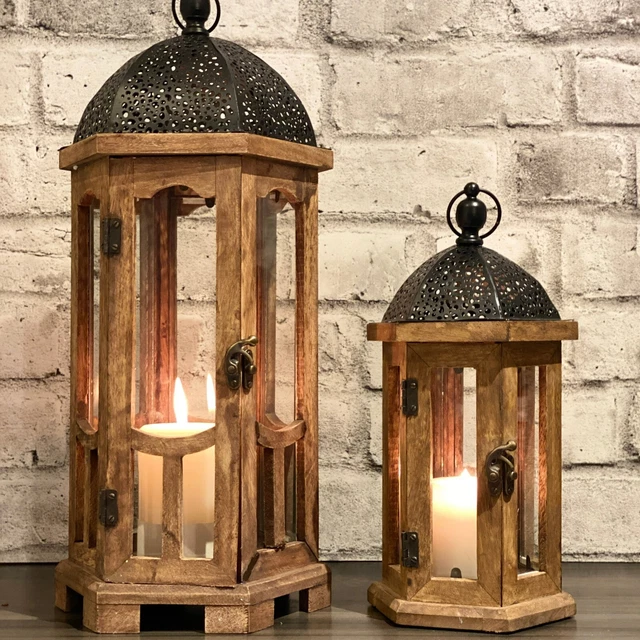 Rustic Moroccan Large Decorative Hurricane Candle Lanterns Wooden Fall Lighting