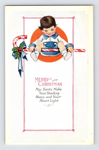 Postcard Christmas Cute Little Boy Giant Candy Cane 1920s Unposted Divided Back