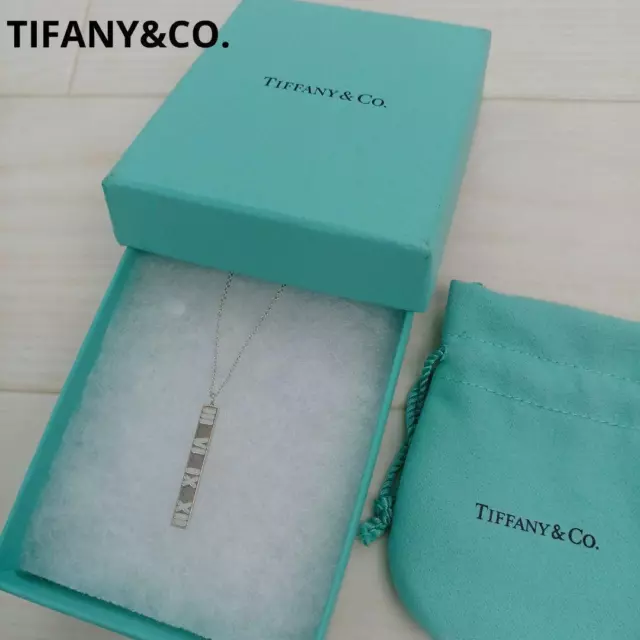 Tiffany & Co. Atlas Bar Roman Numeral Necklace Pendant W/Pouch, Box