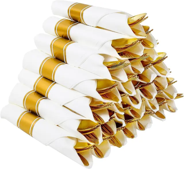 30 Pack Pre Rolled Gold Plastic Cutlery, Disposable Heavy Duty Silverware Set -